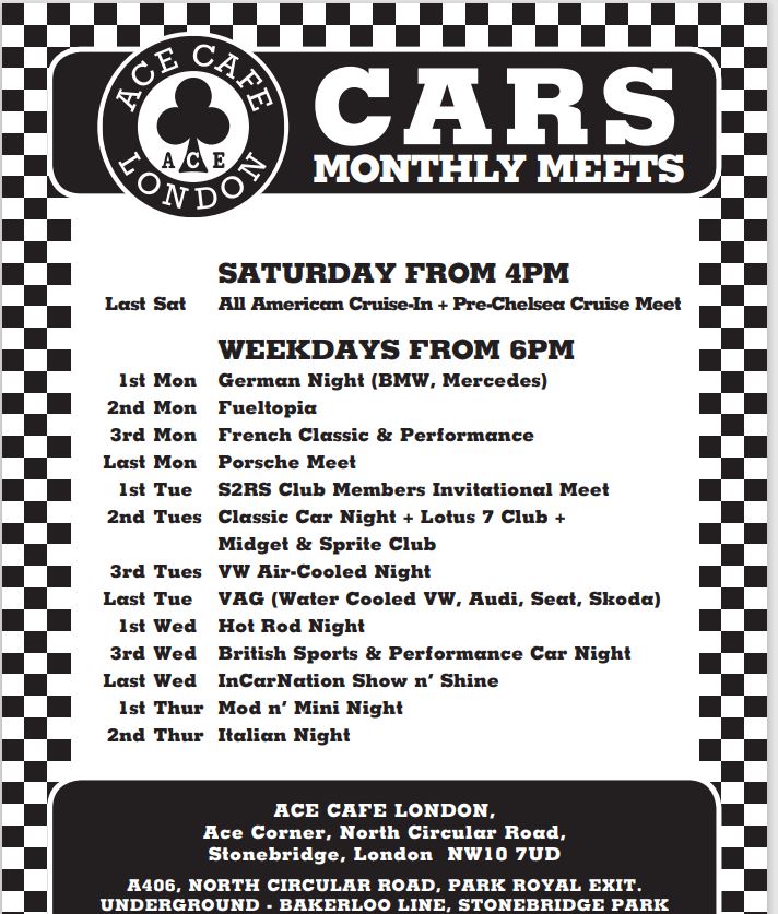Ace Cafe Monthly Car meets Evoke Classics Events pages